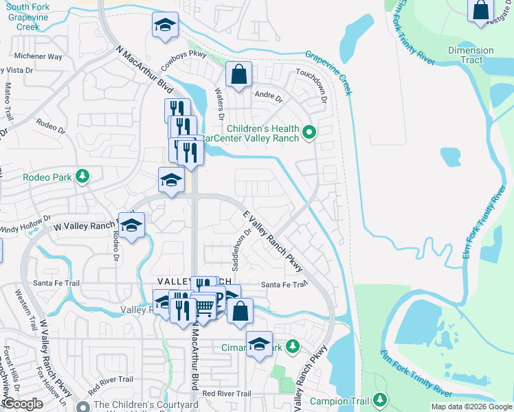 map of restaurants, bars, coffee shops, grocery stores, and more near 251 Woodson Street in Irving