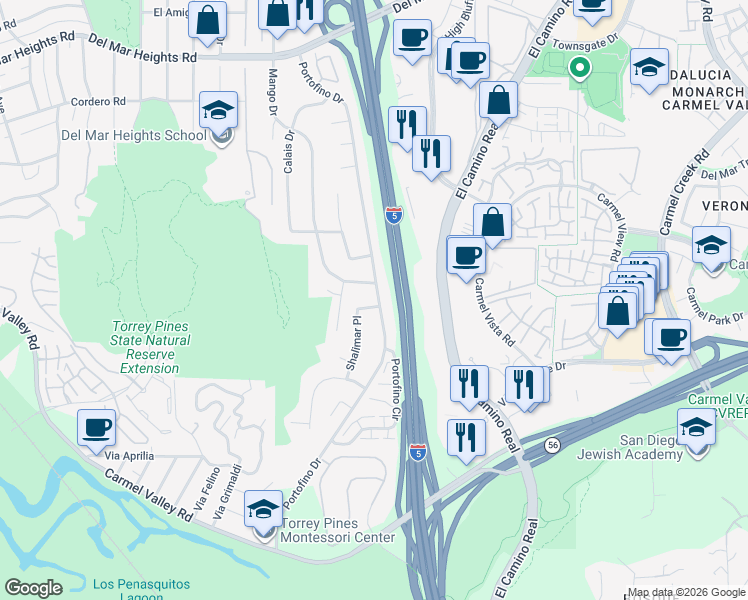 map of restaurants, bars, coffee shops, grocery stores, and more near 13194 Shalimar Place in Del Mar