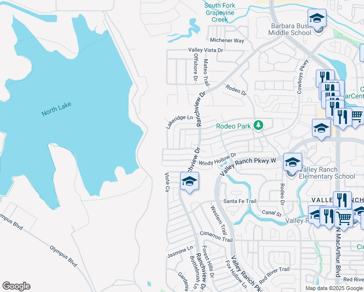 map of restaurants, bars, coffee shops, grocery stores, and more near 9700 Raven Lane in Irving