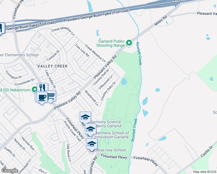map of restaurants, bars, coffee shops, grocery stores, and more near 2201 Country Oaks Drive in Garland