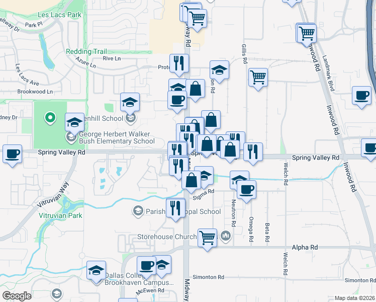 map of restaurants, bars, coffee shops, grocery stores, and more near Midway Rd & Spring Valley Rd in Farmers Branch