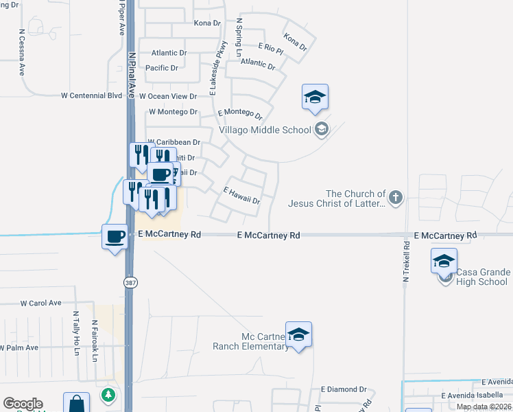 map of restaurants, bars, coffee shops, grocery stores, and more near 2838 North Blossom Lane in Casa Grande