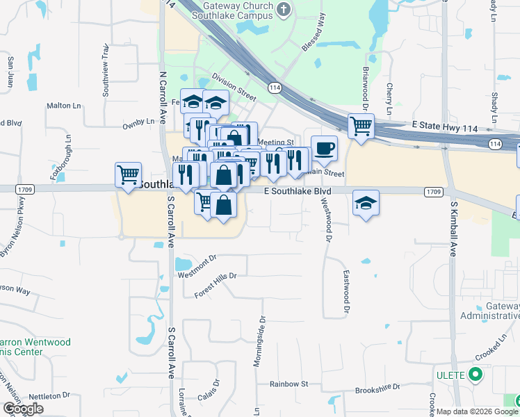 map of restaurants, bars, coffee shops, grocery stores, and more near 1545 East Southlake Boulevard in Southlake
