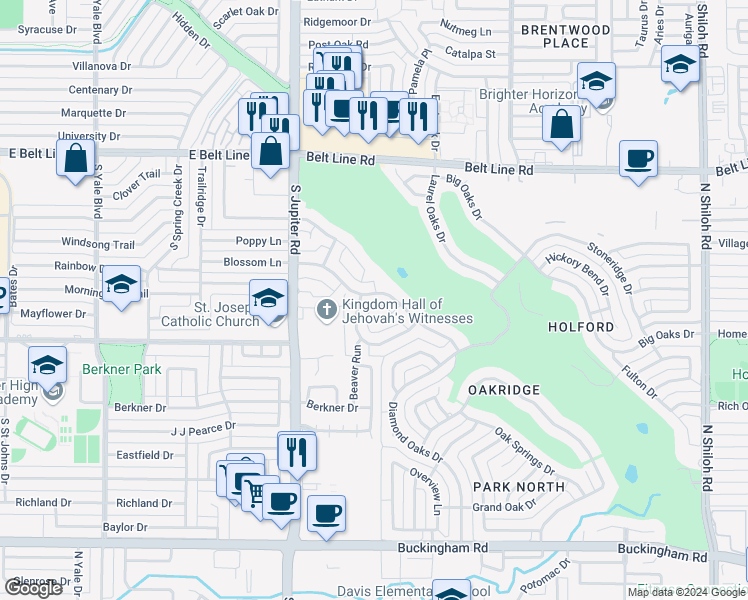 map of restaurants, bars, coffee shops, grocery stores, and more near 3302 Ridge Oak Drive in Garland