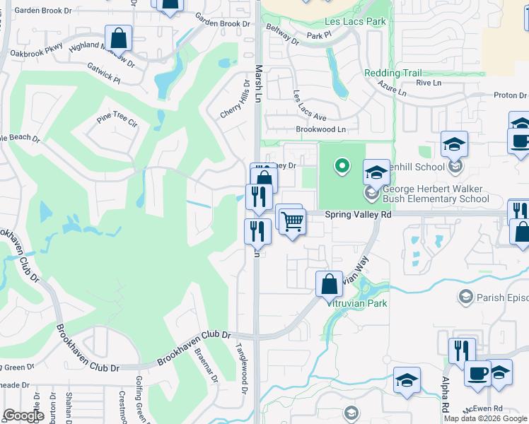 map of restaurants, bars, coffee shops, grocery stores, and more near 3728 Spring Valley Road in Addison