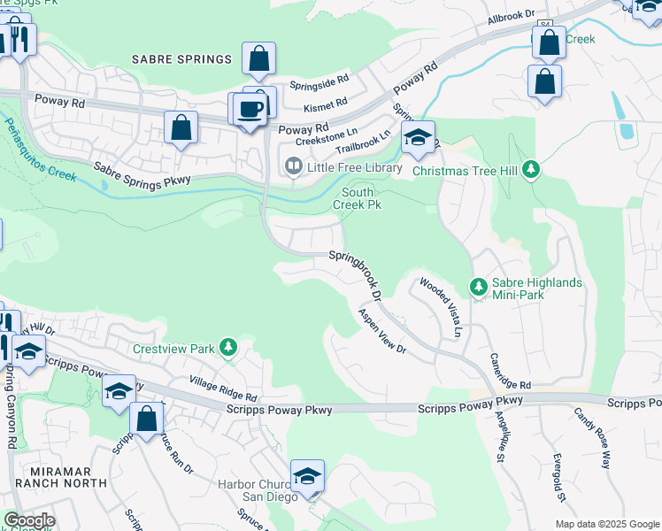 map of restaurants, bars, coffee shops, grocery stores, and more near 11570 Tree Hollow Lane in San Diego
