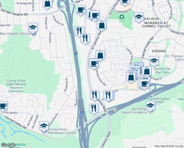 map of restaurants, bars, coffee shops, grocery stores, and more near 12255 El Camino Real in San Diego