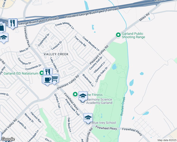 map of restaurants, bars, coffee shops, grocery stores, and more near 2421 Bellbrook Lane in Garland
