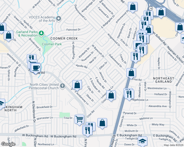 map of restaurants, bars, coffee shops, grocery stores, and more near 101 East Schreiber Street in Garland