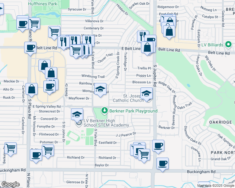 map of restaurants, bars, coffee shops, grocery stores, and more near 1902 Morningstar Trail in Richardson