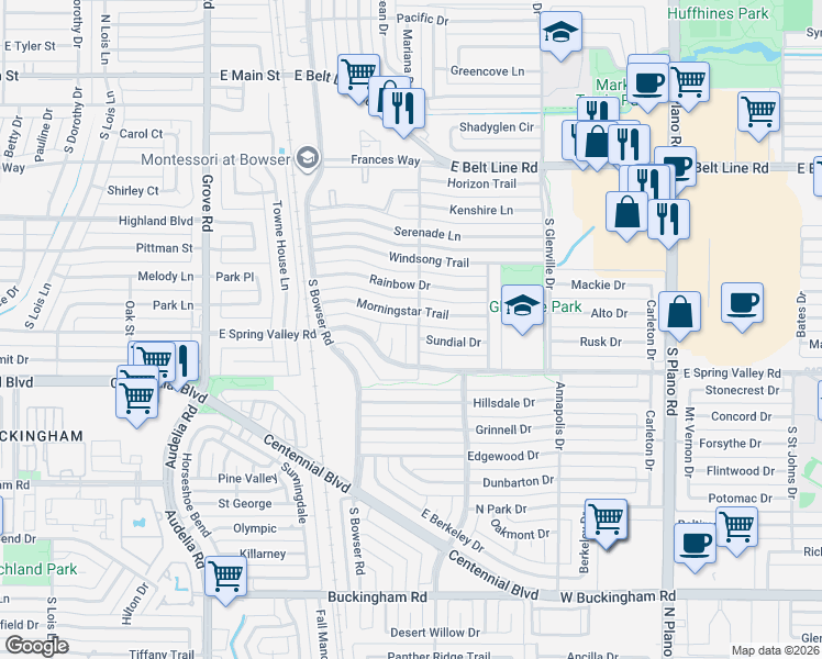 map of restaurants, bars, coffee shops, grocery stores, and more near 1101 Sundial Drive in Richardson