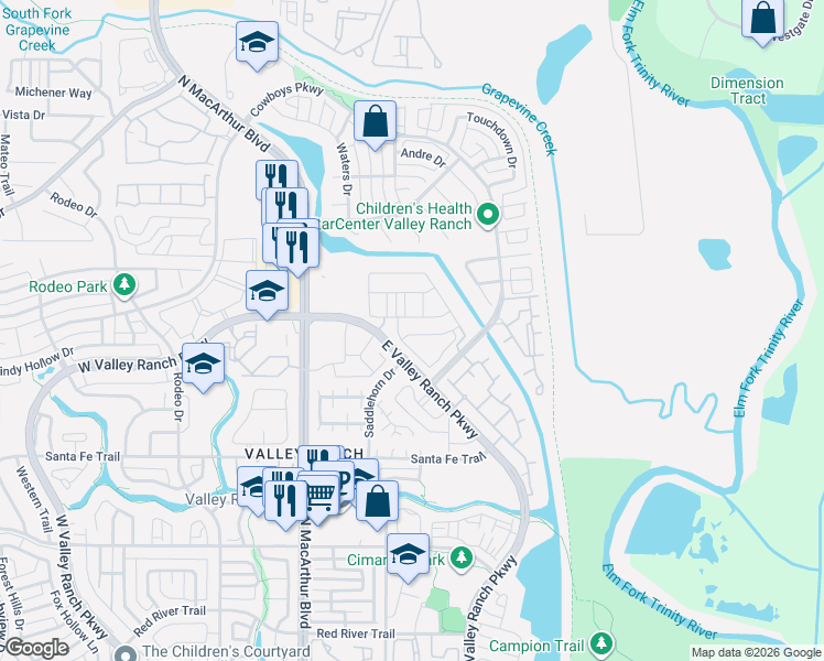 map of restaurants, bars, coffee shops, grocery stores, and more near 251 Woodson Street in Irving