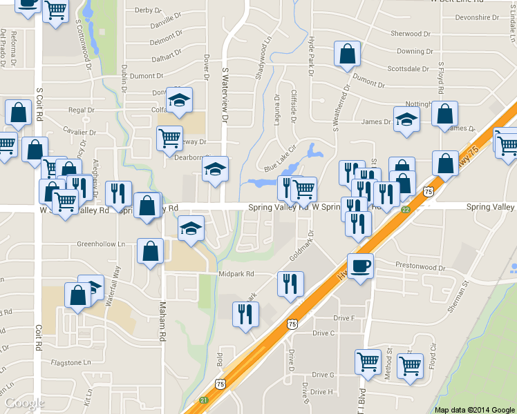 map of restaurants, bars, coffee shops, grocery stores, and more near 1100 West Spring Valley Road in Richardson