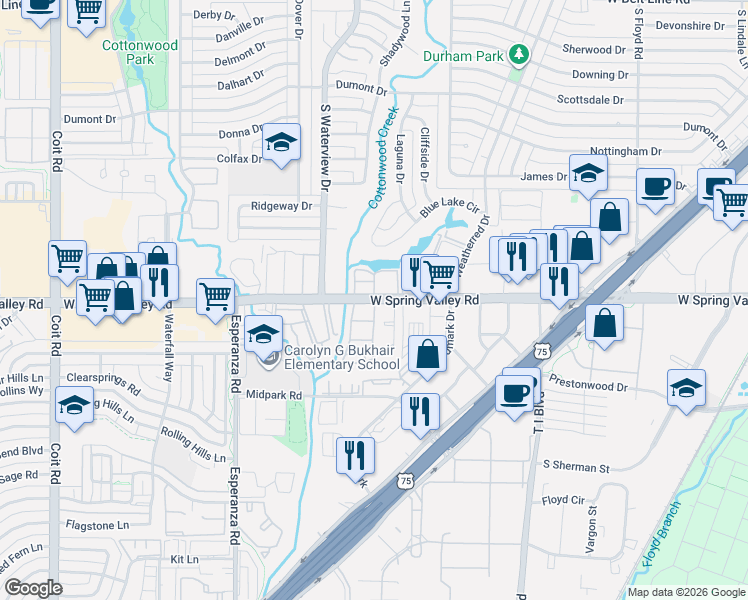 map of restaurants, bars, coffee shops, grocery stores, and more near 1100 West Spring Valley Road in Richardson