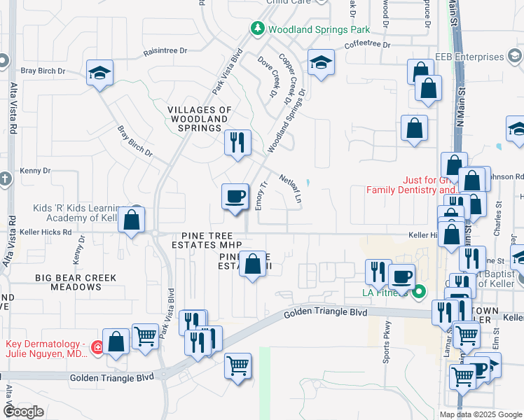 map of restaurants, bars, coffee shops, grocery stores, and more near 11524 Emory Tr in Fort Worth