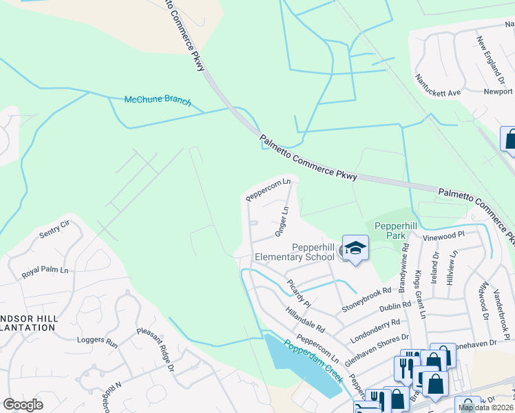 map of restaurants, bars, coffee shops, grocery stores, and more near 3434 Smoketree Court in North Charleston