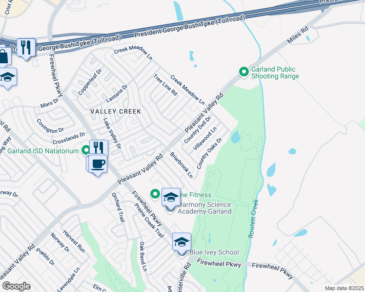 map of restaurants, bars, coffee shops, grocery stores, and more near 2421 Bellbrook Lane in Garland