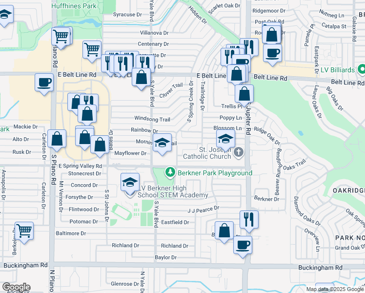 map of restaurants, bars, coffee shops, grocery stores, and more near 1902 Morningstar Trail in Richardson