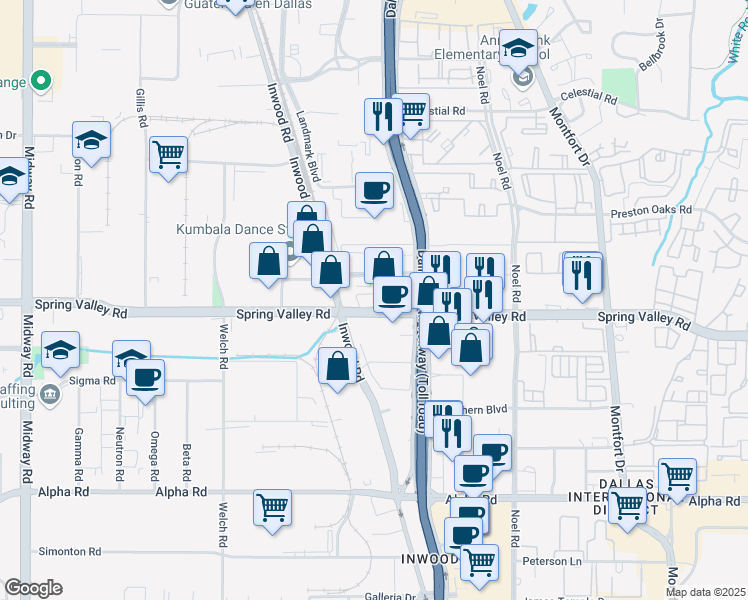 map of restaurants, bars, coffee shops, grocery stores, and more near 5001 Spring Valley Road in Dallas