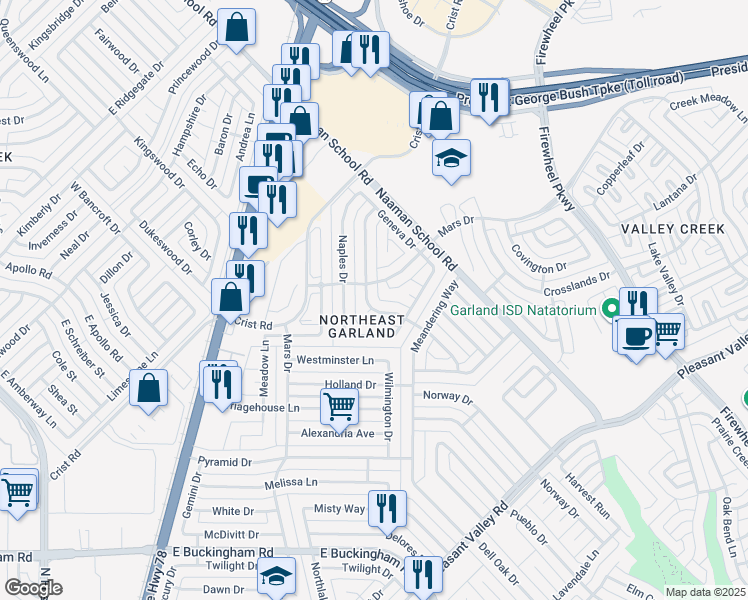 map of restaurants, bars, coffee shops, grocery stores, and more near 2726 Riviera Drive in Garland