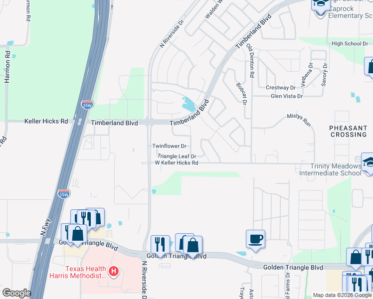 map of restaurants, bars, coffee shops, grocery stores, and more near 2720 Twinflower Dr in Fort Worth