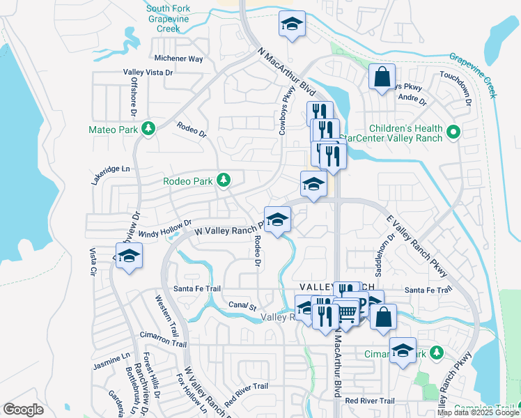 map of restaurants, bars, coffee shops, grocery stores, and more near 9811 Valley Ranch Parkway West in Irving