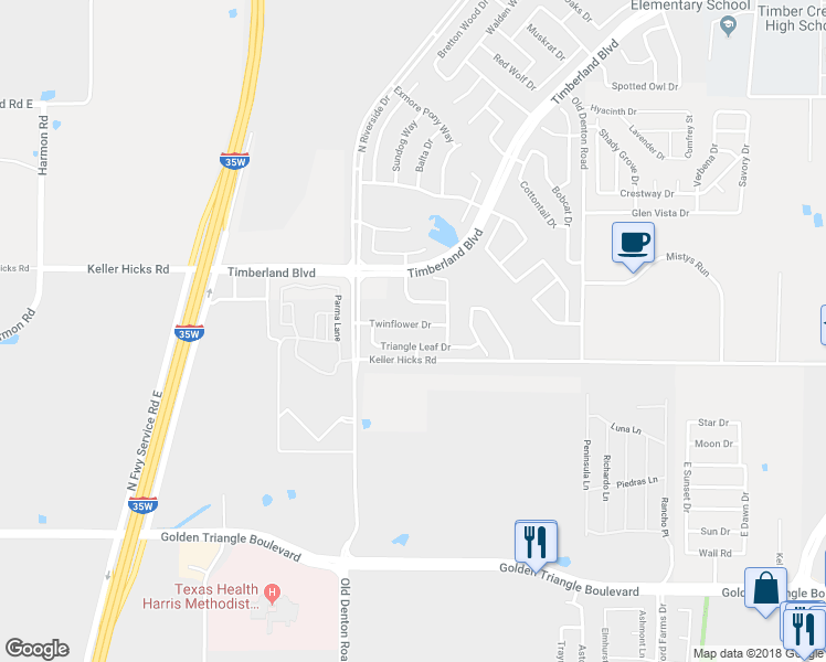 map of restaurants, bars, coffee shops, grocery stores, and more near 2644 Twinflower Drive in Keller