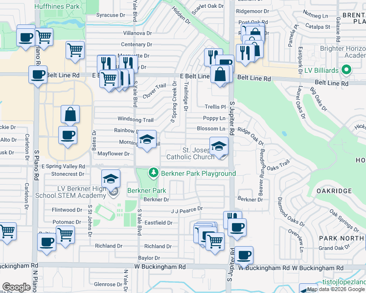 map of restaurants, bars, coffee shops, grocery stores, and more near 506 Trailridge Drive in Richardson