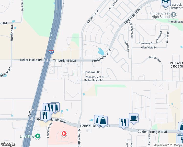 map of restaurants, bars, coffee shops, grocery stores, and more near 2632 Twinflower Drive in Fort Worth