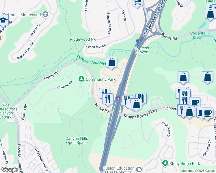 map of restaurants, bars, coffee shops, grocery stores, and more near 10045 Kika Court in San Diego