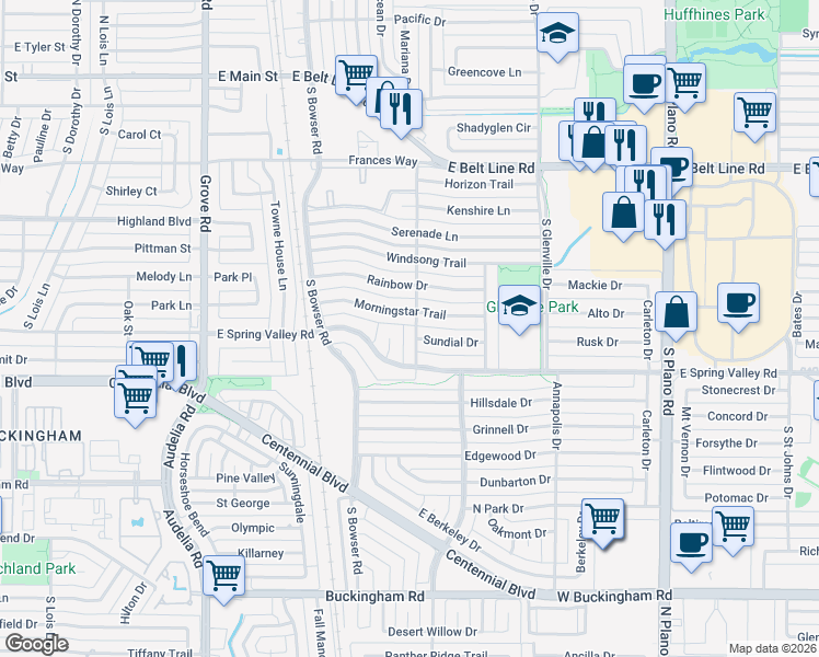 map of restaurants, bars, coffee shops, grocery stores, and more near 1101 Sundial Drive in Richardson