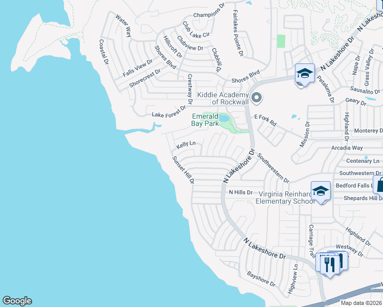 map of restaurants, bars, coffee shops, grocery stores, and more near 1822 Bay Hill Drive in Rockwall