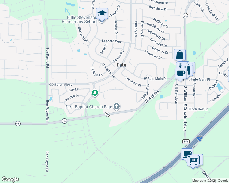 map of restaurants, bars, coffee shops, grocery stores, and more near 826 Cauble Drive in Rockwall
