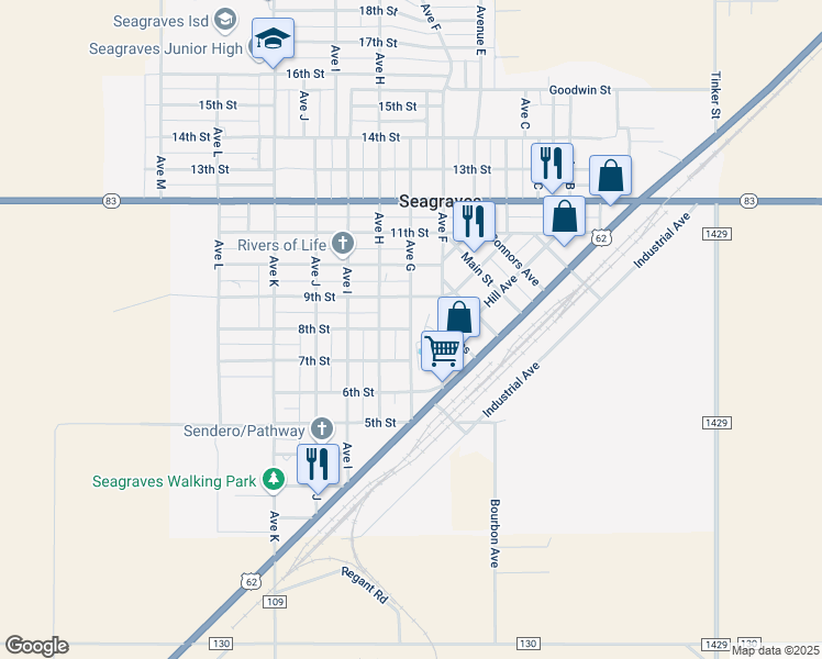 map of restaurants, bars, coffee shops, grocery stores, and more near 700 8th Street in Seagraves