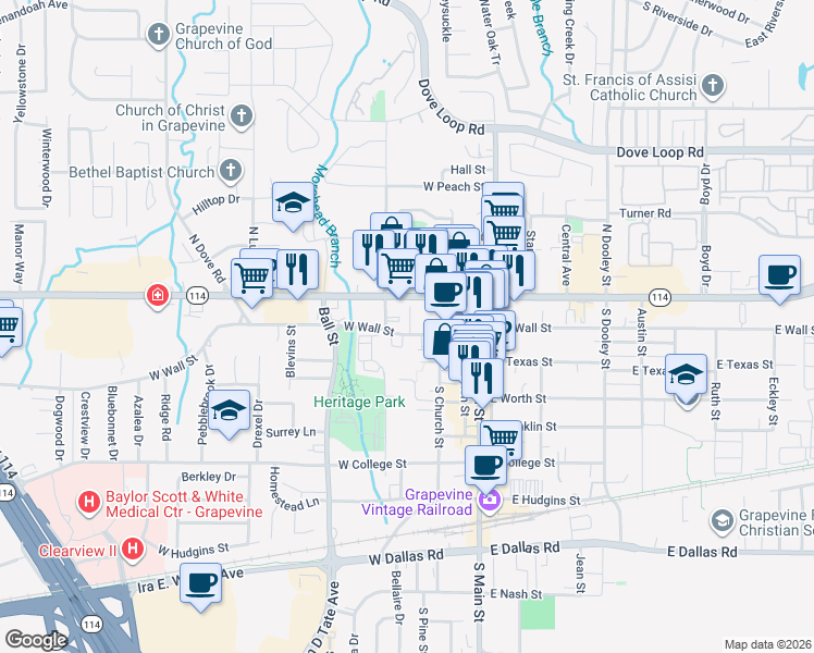 map of restaurants, bars, coffee shops, grocery stores, and more near 126 Starr Place in Grapevine