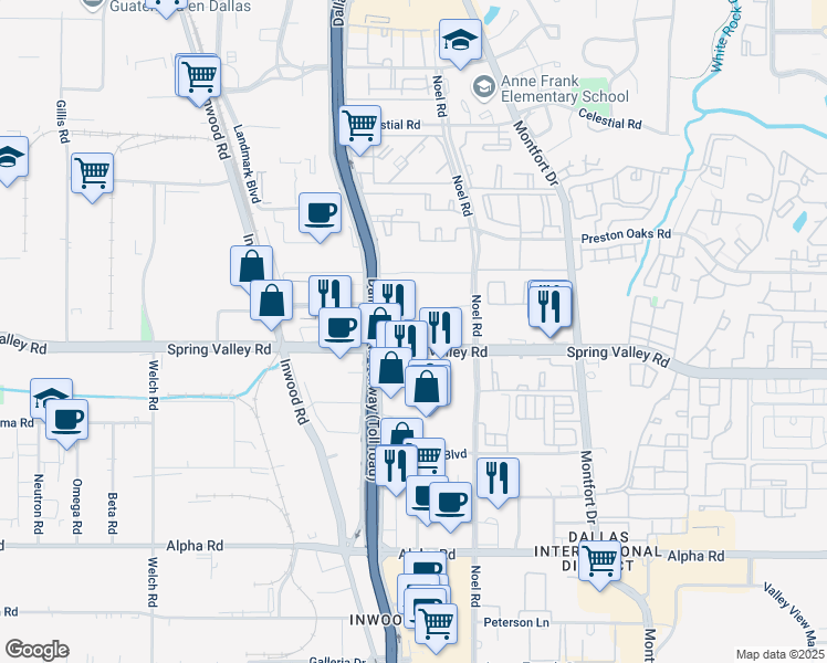 map of restaurants, bars, coffee shops, grocery stores, and more near 14110 Dallas Parkway in Dallas