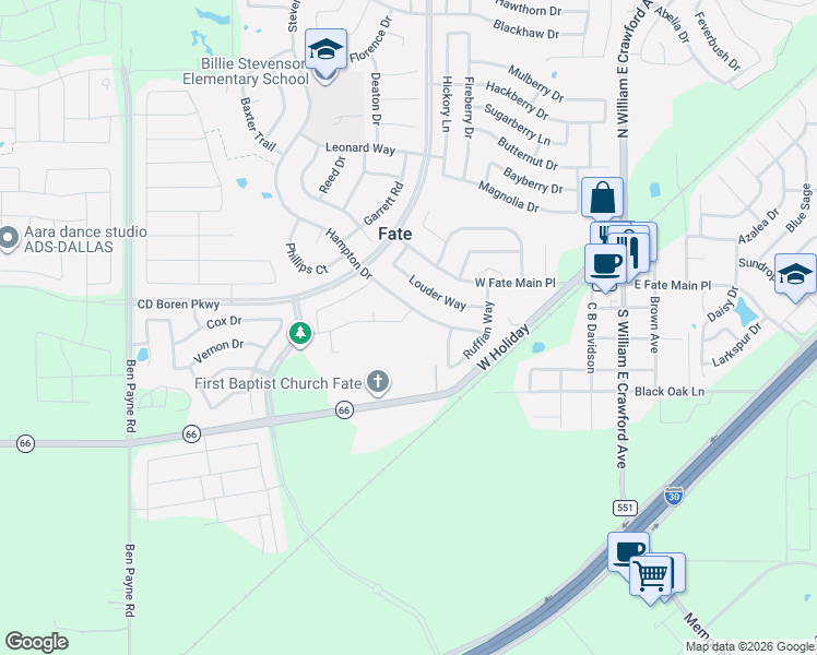 map of restaurants, bars, coffee shops, grocery stores, and more near 796 Cauble Drive in Rockwall