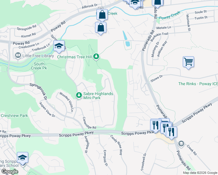 map of restaurants, bars, coffee shops, grocery stores, and more near 12184 Oakview Way in San Diego
