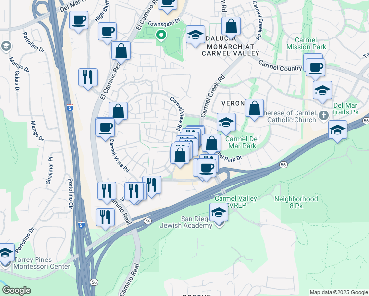 map of restaurants, bars, coffee shops, grocery stores, and more near 3741 Carmel View Road in San Diego