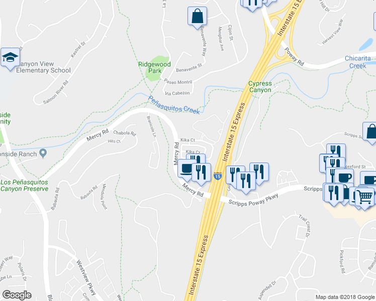 map of restaurants, bars, coffee shops, grocery stores, and more near 10015 Kika Court in San Diego