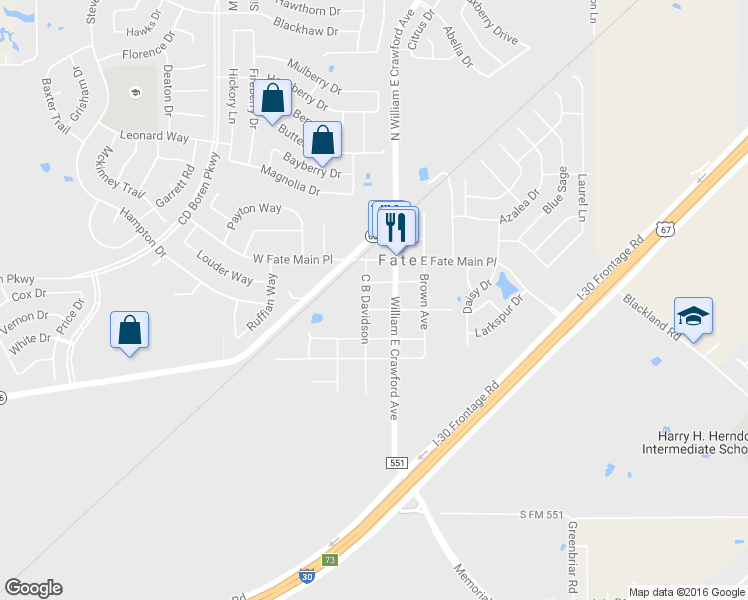 map of restaurants, bars, coffee shops, grocery stores, and more near 109 Dogwood Trail in Rockwall