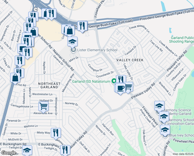map of restaurants, bars, coffee shops, grocery stores, and more near 2665 Breanna Way in Garland