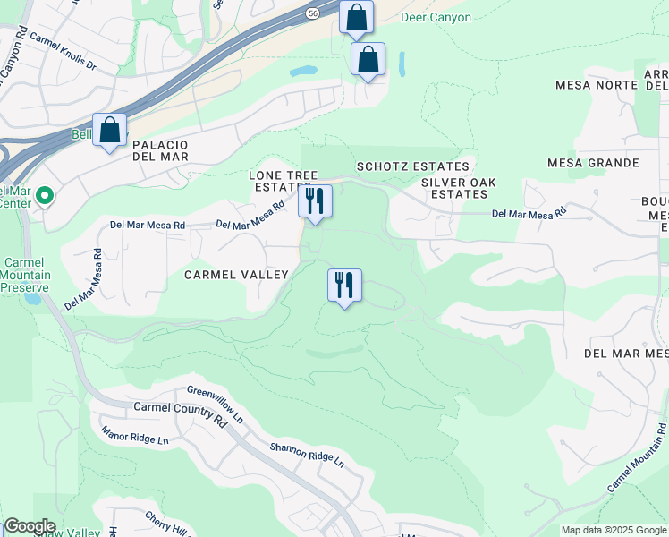 map of restaurants, bars, coffee shops, grocery stores, and more near Grand Del Mar Court in San Diego