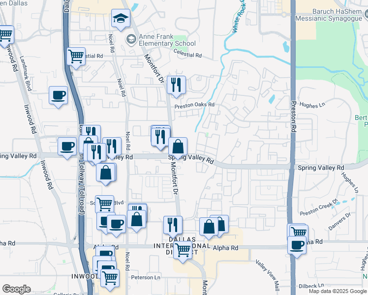 map of restaurants, bars, coffee shops, grocery stores, and more near 14100 Montfort Drive in Dallas