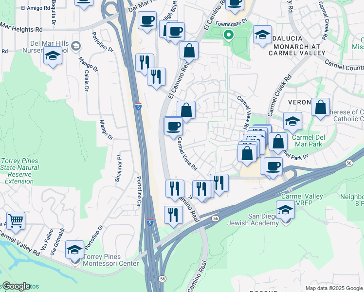 map of restaurants, bars, coffee shops, grocery stores, and more near 3511 Caminito Carmel Landing in San Diego