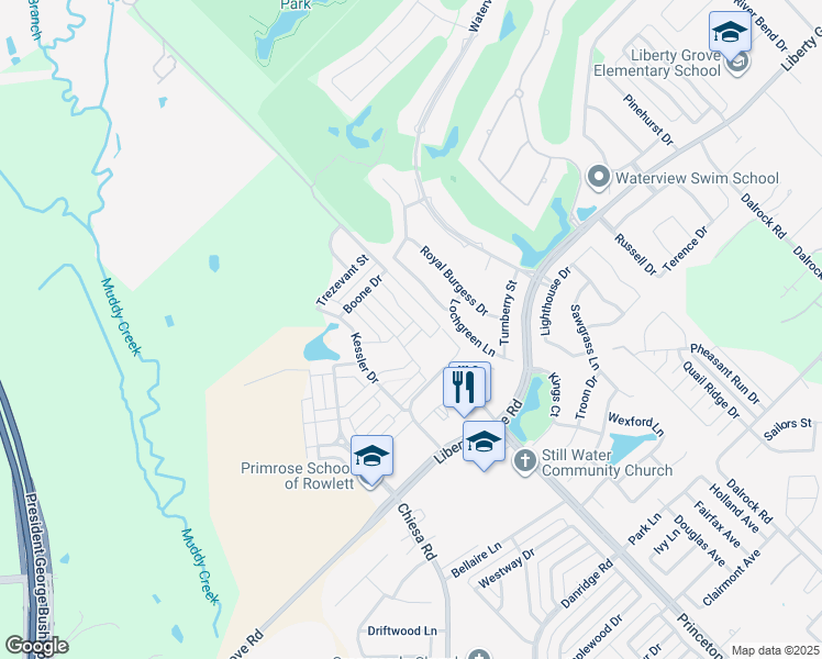 map of restaurants, bars, coffee shops, grocery stores, and more near 9320 Crockett Drive in Rowlett