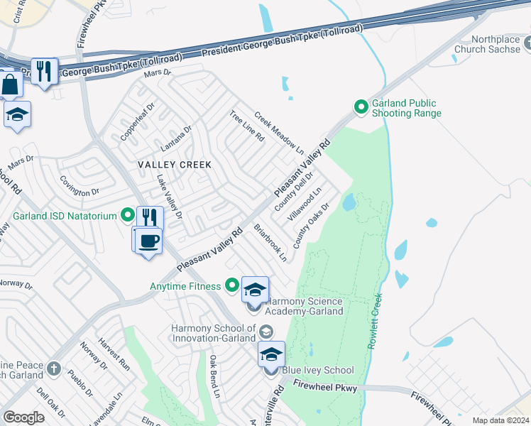 map of restaurants, bars, coffee shops, grocery stores, and more near 2421 Bellbrook Lane in Garland