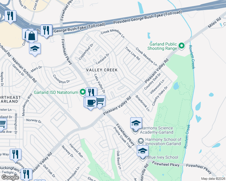 map of restaurants, bars, coffee shops, grocery stores, and more near 2006 Oak Creek Court in Garland