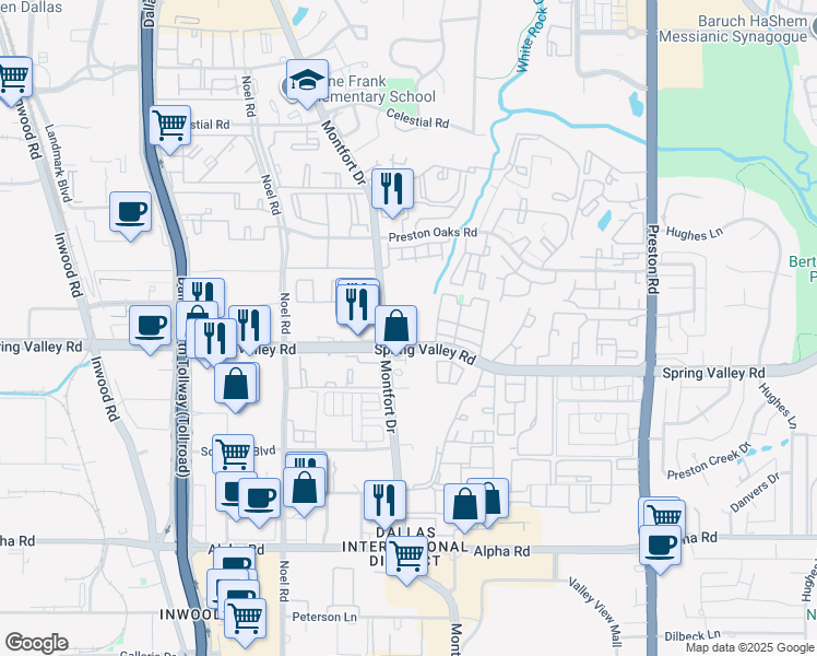 map of restaurants, bars, coffee shops, grocery stores, and more near 14100 Montfort Drive in Dallas