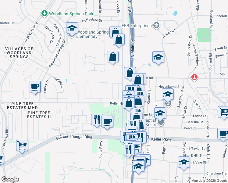 map of restaurants, bars, coffee shops, grocery stores, and more near 4535-4799 Keller Hicks Road in Keller